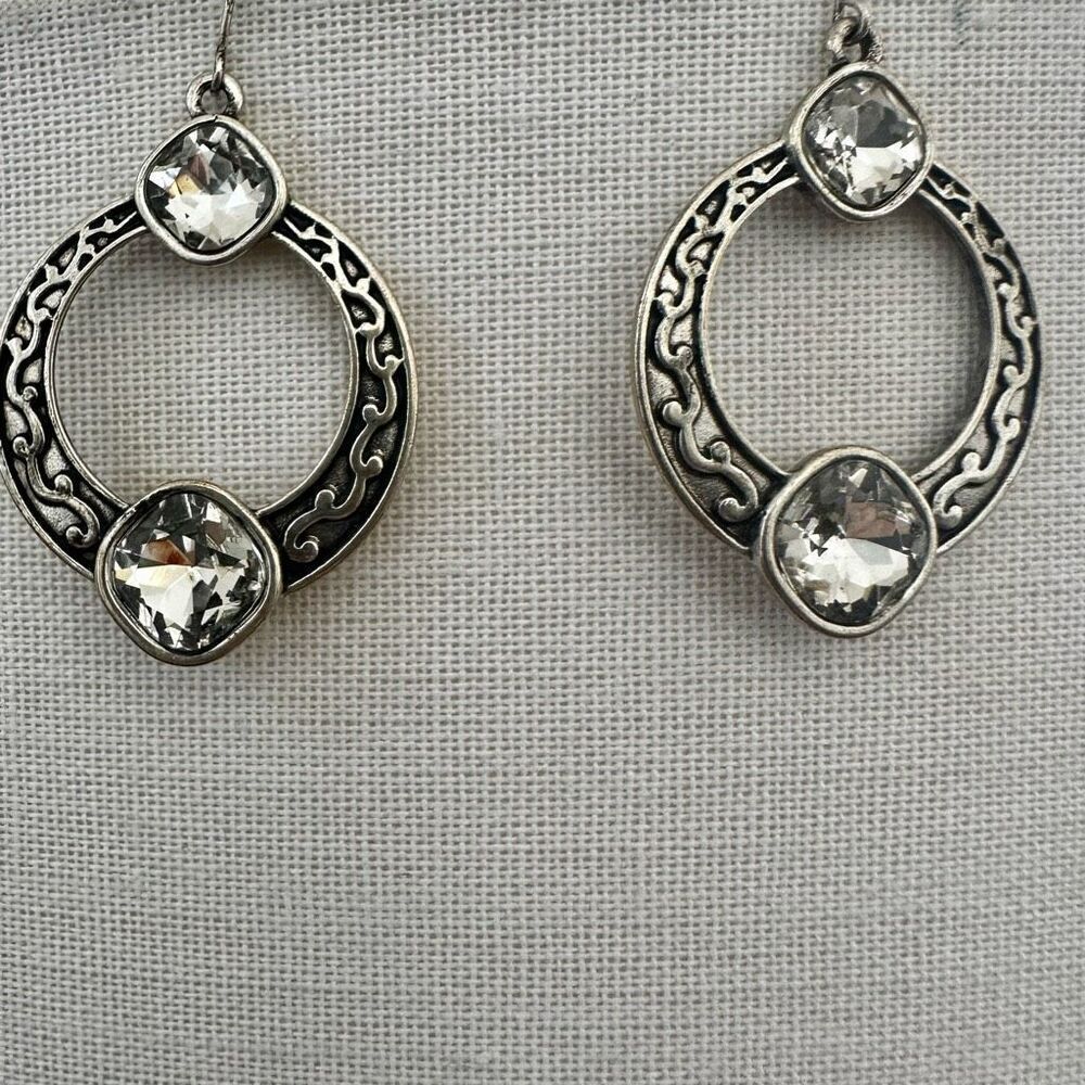 Vintage-Inspired Silver Scroll Hoop Earrings with Clear Crystals
